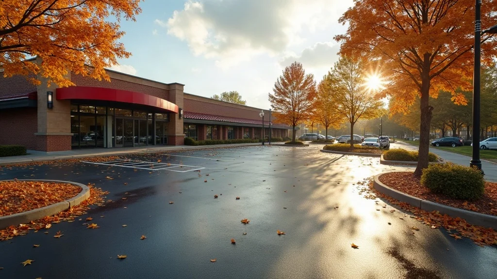 Inviting commercial property with freshly sealed asphalt parking lot, gleaming maintenance, autumn trees, and crisp fallen leaves—fall asphalt checklist for property managers