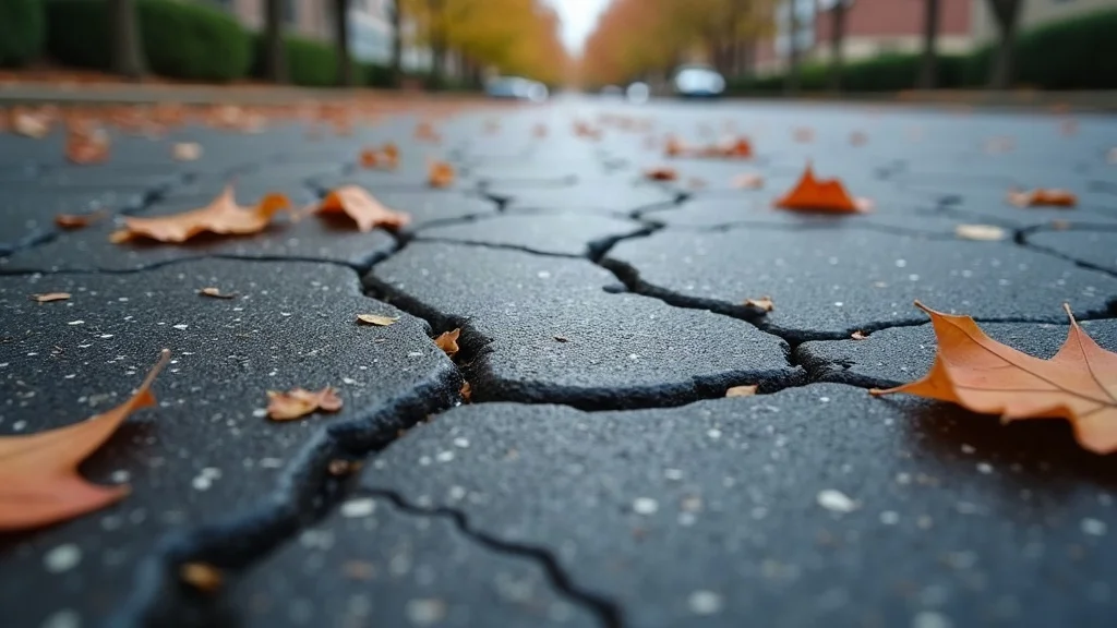 Close-up of aged asphalt with cracks and small potholes, detail for asphalt repair needs—fall asphalt checklist