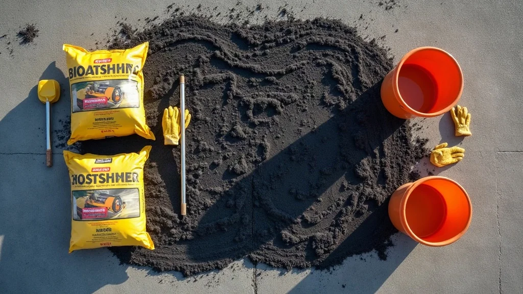 Hot mix and cold mix asphalt repair materials side by side, Lehigh Valley winter repairs — photorealistic, tools, tamper, side-by-side on aged pavement.