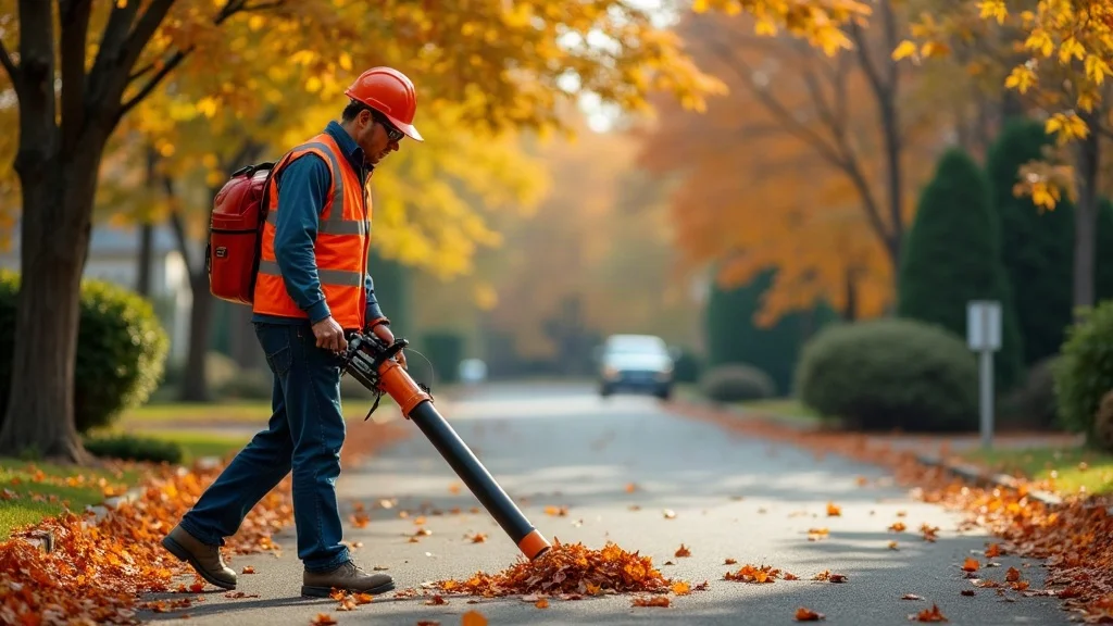 Professional clearing leaves from residential Lehigh Valley driveway — photorealistic, autumn, clean and ready for winter asphalt.