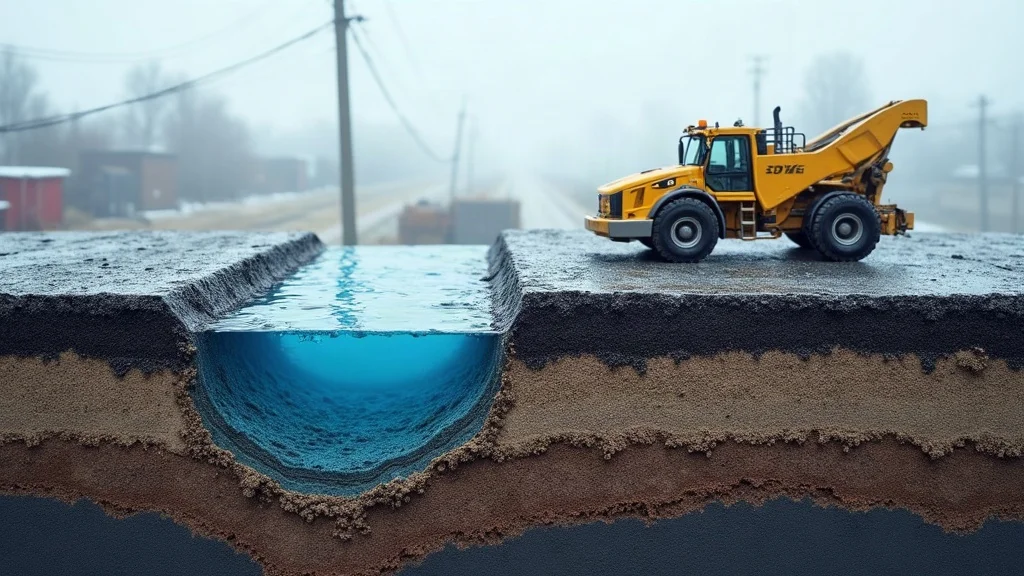 Cutaway diagram of asphalt showing water infiltration under pavement layers, winter in Lehigh Valley — photorealistic, detailed educational visual for cold weather asphalt damage.