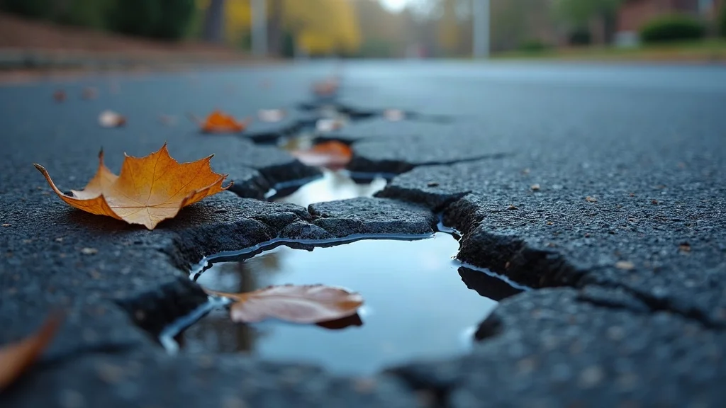Close-up cracked asphalt with a small puddle and leaves, Lehigh Valley parking lot or driveway — photorealistic, detailed, highlighting water intrusion and crack granularity.