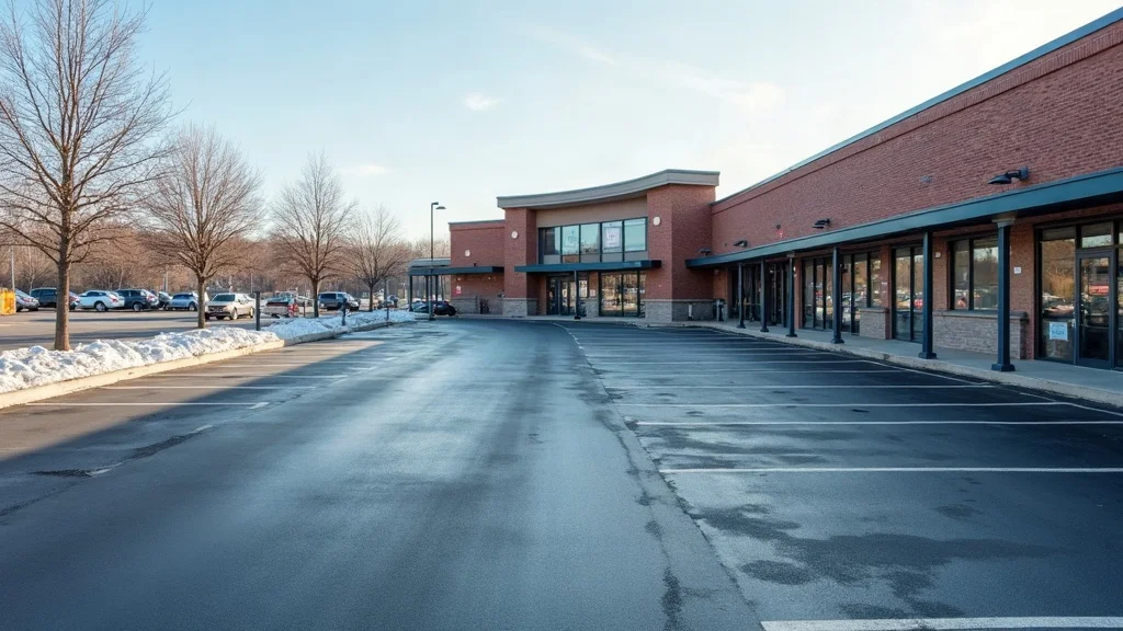 Modern Lehigh Valley commercial parking lot with well-marked, maintained asphalt for winter, no vehicles — photorealistic, strip mall, snow shovel, safe and prepared.