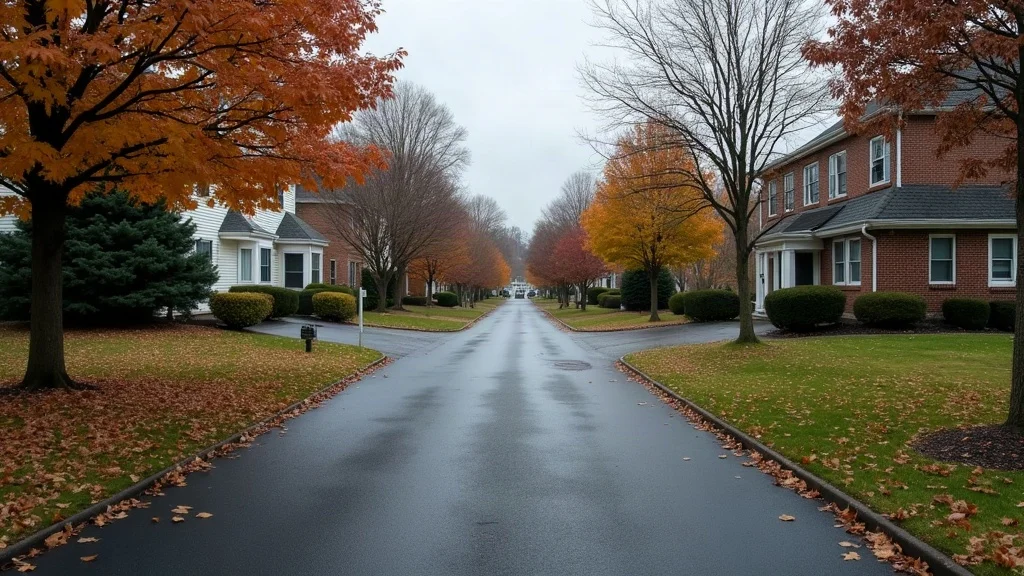 Overcast suburban street with a broad, clean asphalt driveway ready for winter in Pennsylvania, Lehigh Valley - photorealistic scene with late autumn leaves, sturdy quality asphalt, high texture realism, daylight.